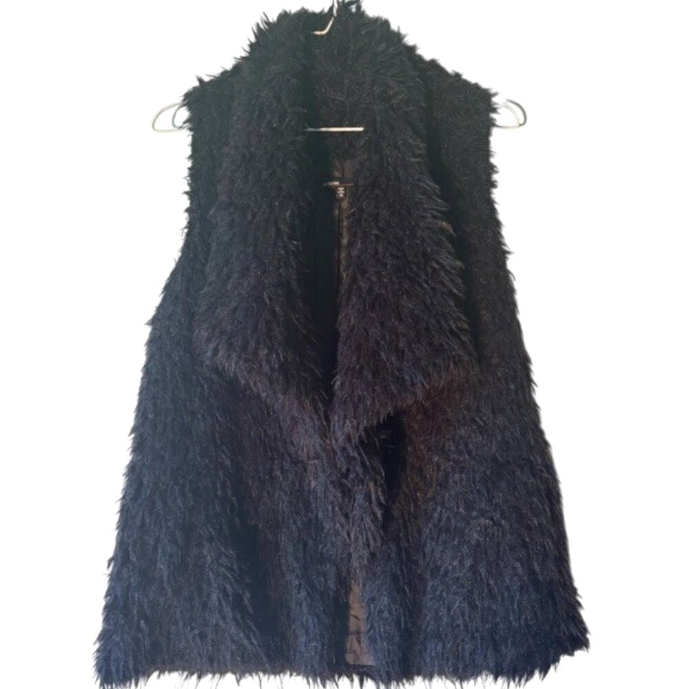 Black Shaggy Faux Fur Vest Open Front Y2K Boho Indie Sleaze Layering Festival M